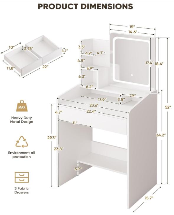 WeCharmer Vanity Desk Set with Round Mirror, Vanity with Lights, Makeup Vanity with Mirror, 3 Lighting Modes, for Bedroom Furniture Table Storage Drawer Modern Design Organizing