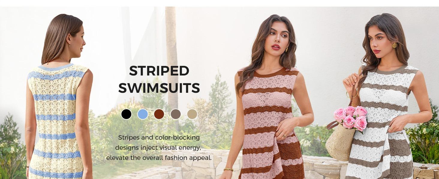 Fisoew Womens Striped Crochet Knit 2 Piece Set Sleeveless HollowOut Tank Top & Matching Shorts Breathable Beach Casual Outfit for Summer Vacation