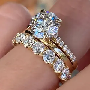 Gorgeous 3Pcs Set of Rings Female Luxury Shiny Round Zirconia Finger Jewelry Fashion Gold Color Accessories for Wedding