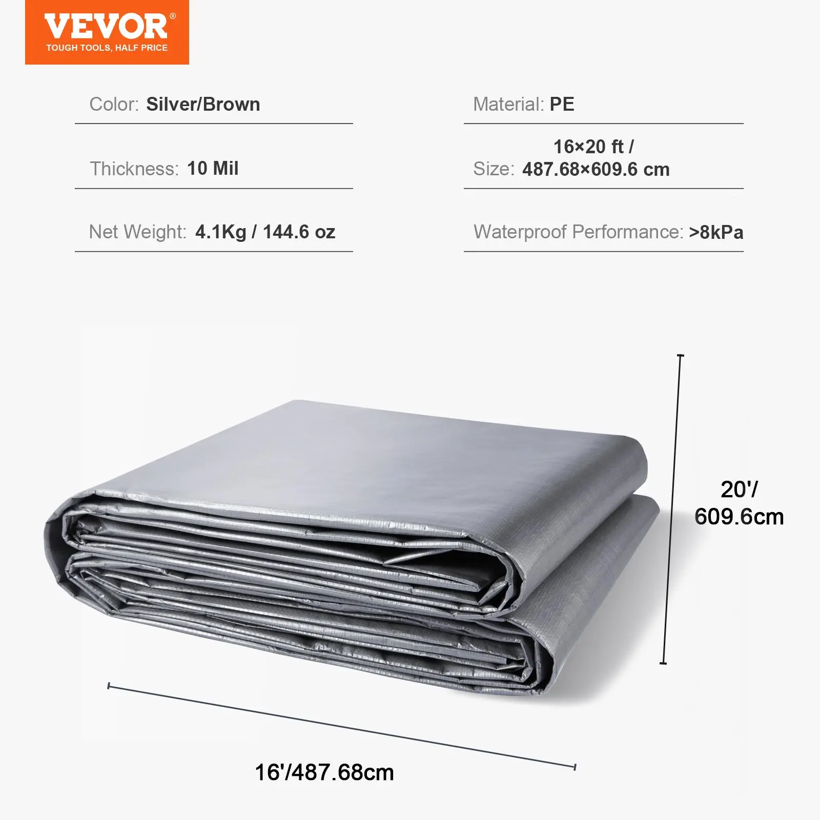 【Backtoschool】VEVOR Tarp Waterproof 16x20 ft, Plastic Poly Tarp Cover 10 Mil, Multi Purpose Tear UV and Temperature Resistant Outdoor Tarpaulin with High Durability Reinforced Grommets (Silver/Brown), Lightweight, Rainproof