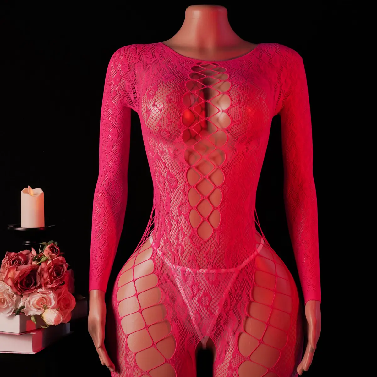 Women's Elegant Fishnet Bodystocking, Comfortable Long Sleeve Crew Neck Nightwear for Holiday or Anniversary, Chic, Lingerie For Women, See-Through, Sheer Mesh, Nylon Blend, Casual, Transparent Clothes For Women