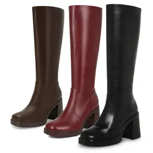 SOVANYOU  Knee High Boots (Regular Calf Size) Women's PU Leather  Platform Boots for Women Square Toe Chunky Block Heeled Boots 3.15-inch  Side Zipper Comfortable Sole  Stylish Fashion Booties Women's Comfortable  trendy knee-high boot