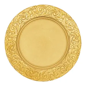 12-Pack13" Gold Antique Charger Plates – Bulk Round Plastic Dinner Plates with Embossed Rim & Floral Design, Decorative Server Plates for Weddings, Dinner Parties & Christmas