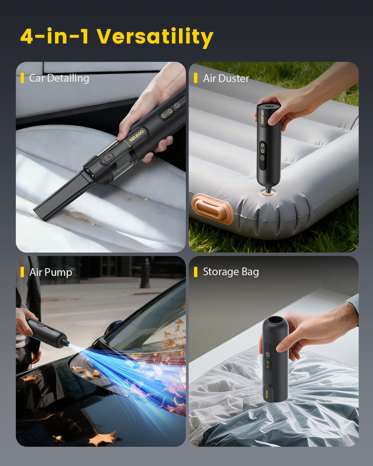 MR.EGO 20000Pa, Car Vacuum Portable Cordless, 4-in-1 Mini Vacuum Cleaner with 20,000Pa Powerful Suction, Green LED Light, Type-C Charging, 2 Suction Modes, Ultra-Light for Car, Home, Desk, Keyboards (Black)