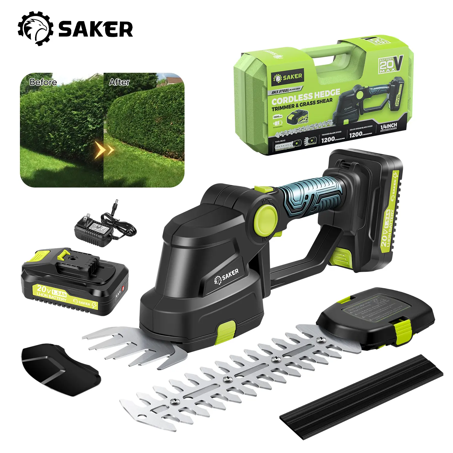 【3-in-1 Multifunction】SAKER 20V Cordless Hedge Trimmer & Grass Shear Kit – Handheld Lawn Mower & Pruning Tool with Battery & Charger