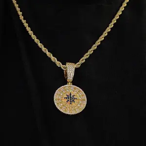Gold Plated Compass Pendant with 24 inch rope  Iced Out Hip Hop Jewelry Bling 5A Hip Hop Pendant Necklace