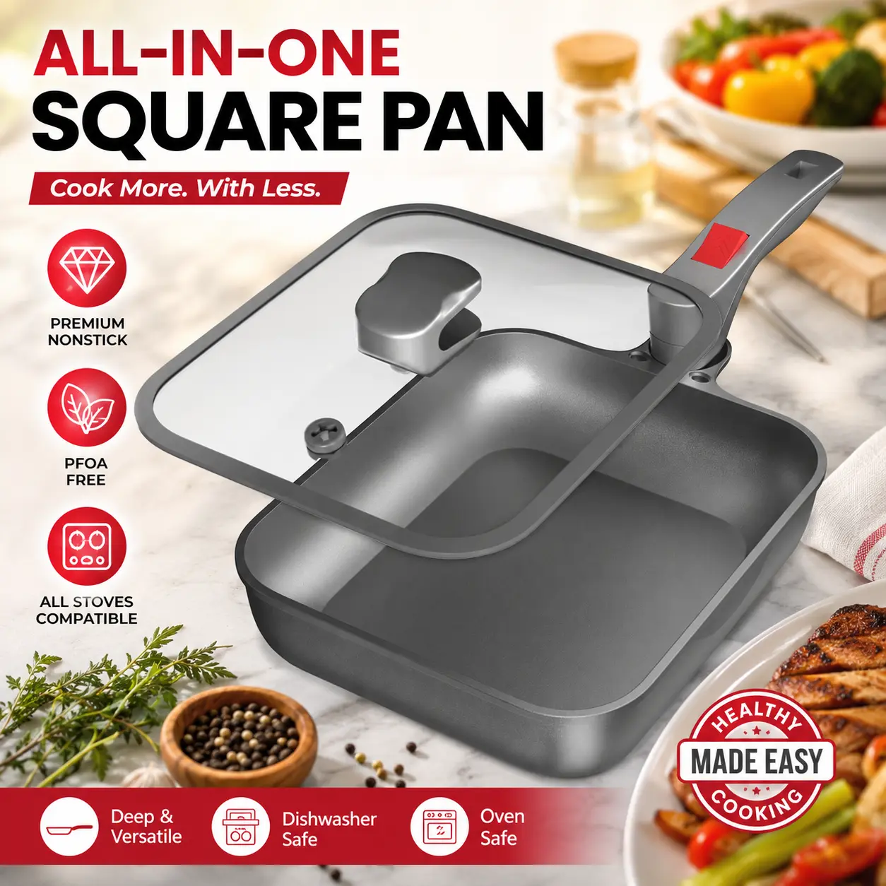 Fogdream Nonstick Titanium Cookware Frying Pan Skillet - Twist Stay-Cool Handle, Micro-Pressure Glass Lid, 3-Section Deep Design, Thermal Rapid Heat Conduction, Induction Compatible, Space-Saving for Healthy Meal Prepping (Oil & Dish-Friendly)