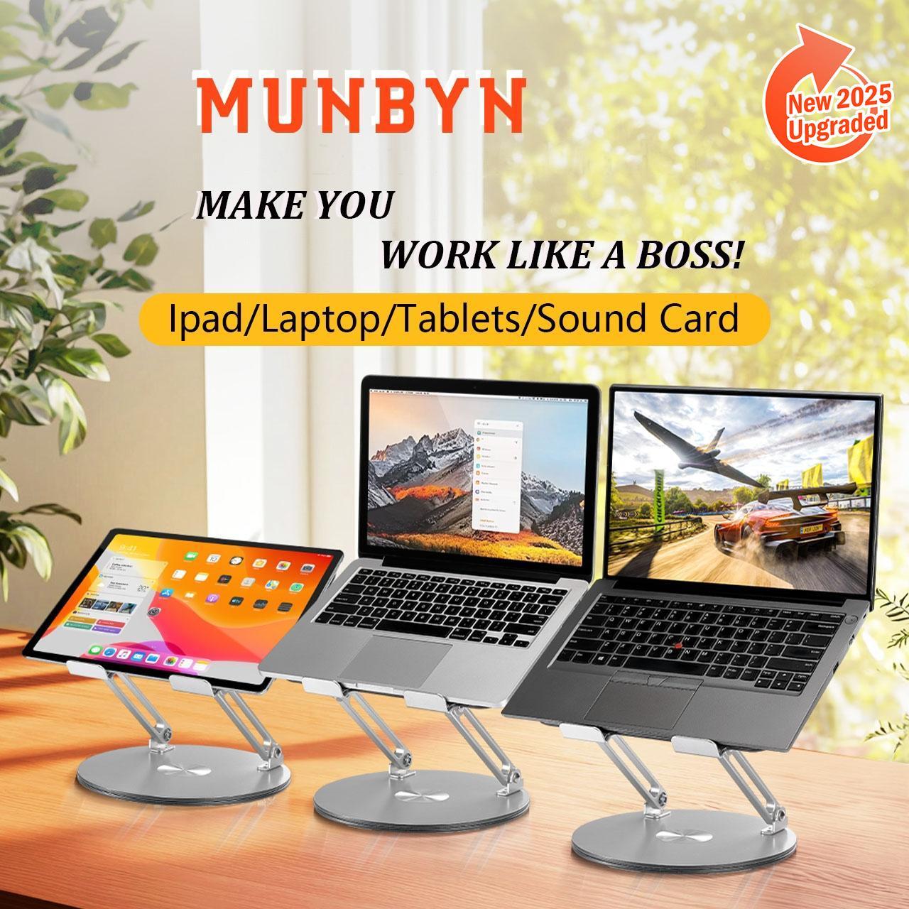 【MUNBYN 360° Rotating Laptop Stand】Adjustable Foldable Aluminum Laptop Stand, 2-in-1 Multifunctional Laptop Stand Hub for Gaming laptop & Mobile stand,Gray
