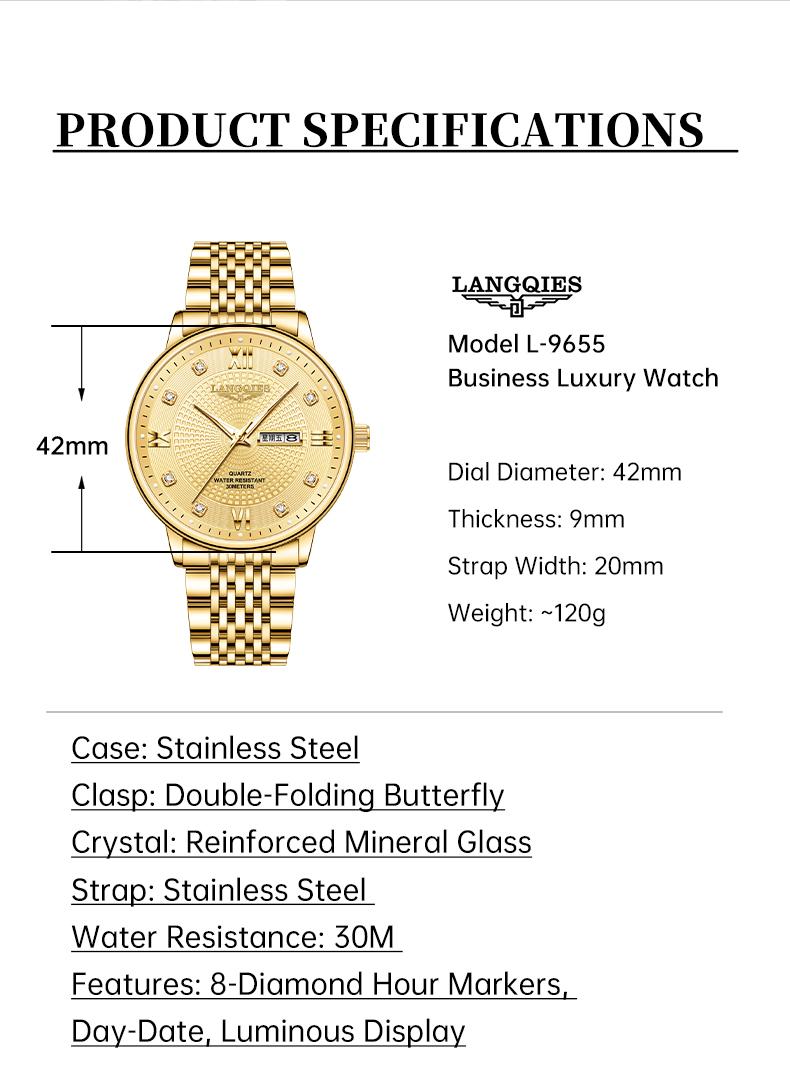 LANGQIES Elegant Multi-Function Men's Watch with Original Swiss Movement, featuring Dual Calendar, 42mm Dial, Sapphire Crystal, Stainless Steel Band, and Luminous Water-Resistant Design.