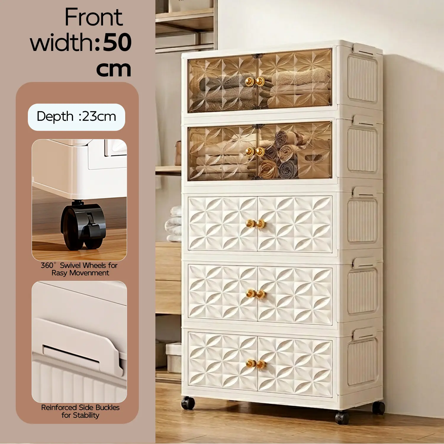 Storage Cabinet Organiser - 3/5-Tier Wheeled Drawer Unit with Clear Decorative Doors, Lockable Casters, Sturdy Plastic Frame, White Embossed Panel Cupboard for Bathroom, Bedroom, Kitchen, Small Space Storage Organisation