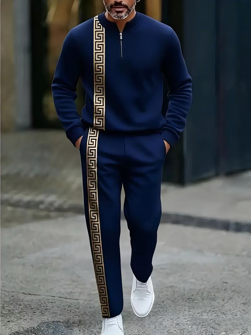 Men's half zip-up sweatshirt and pants set with Greek key design details, stylish sports outfit suitable for casual streetwear