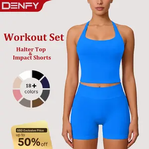 DENFY Two-Piece Suit Impact Halter Top & Workout Shorts mwear Women's Tank Tops Activewear Shorts Gym Sportswear