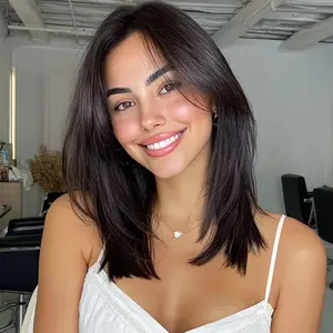 Jessie's Wig [Claudia] Black/Brown Color Natural Straight Layers Bob Wig With Curtain Bangs For Daily Wear Glueless Wig Human Hair