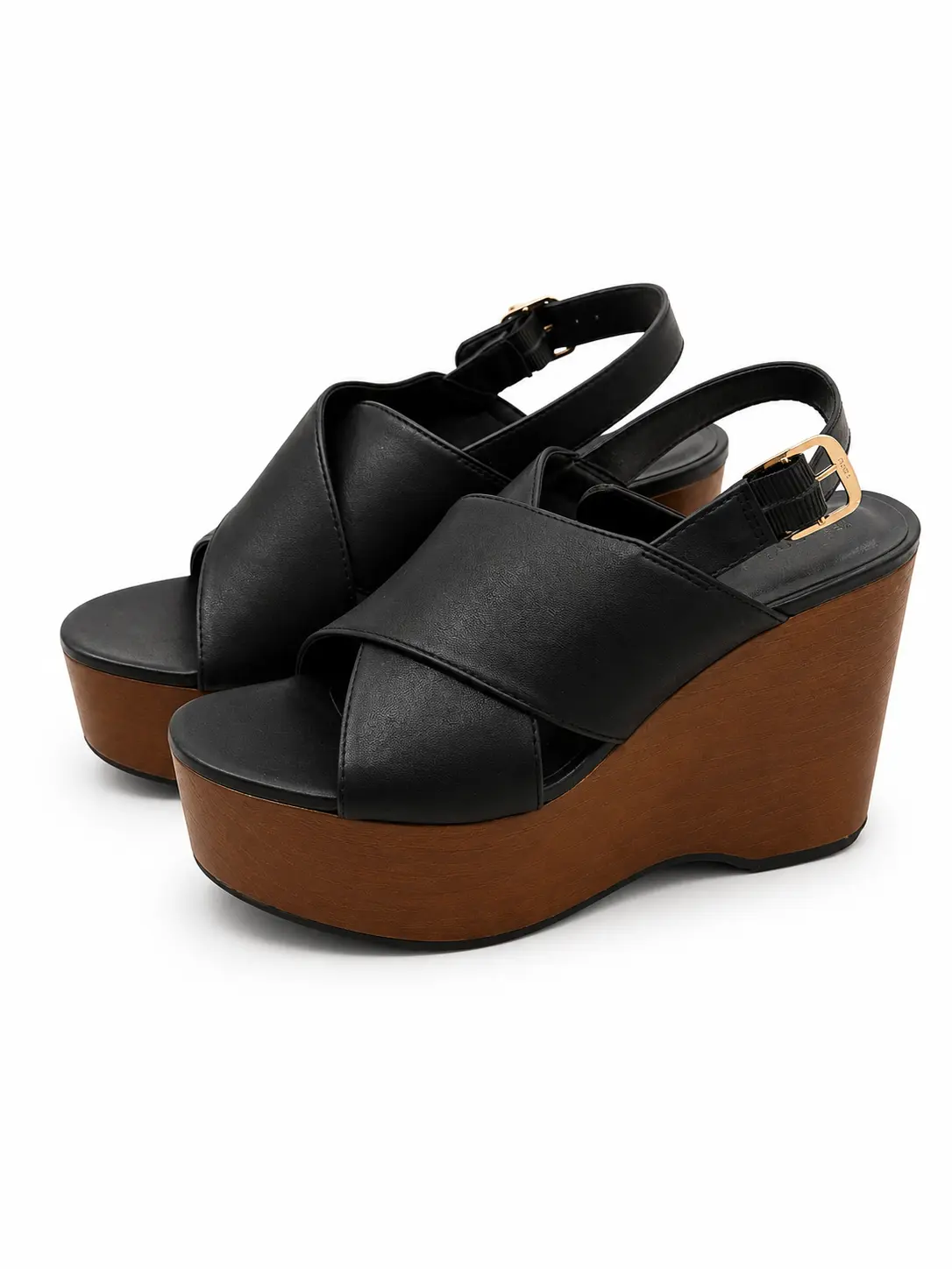 Women's Elegant Black Wedge Platform Sandals, Padded Comfort Footwear for Casual Wear