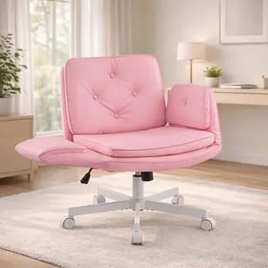 MOJAY Criss Cross Chair with Wheels & Adjustable Arms, Wide PU Leather Vanity Chair, Swivel Cross Legged Desk Chair for Home Office, Pet-Friendly