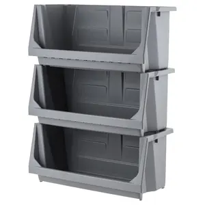 IRIS USA Open Front Storage Bins, Heavy Duty Stackable Bins, 3 Pack, Dark Gray
