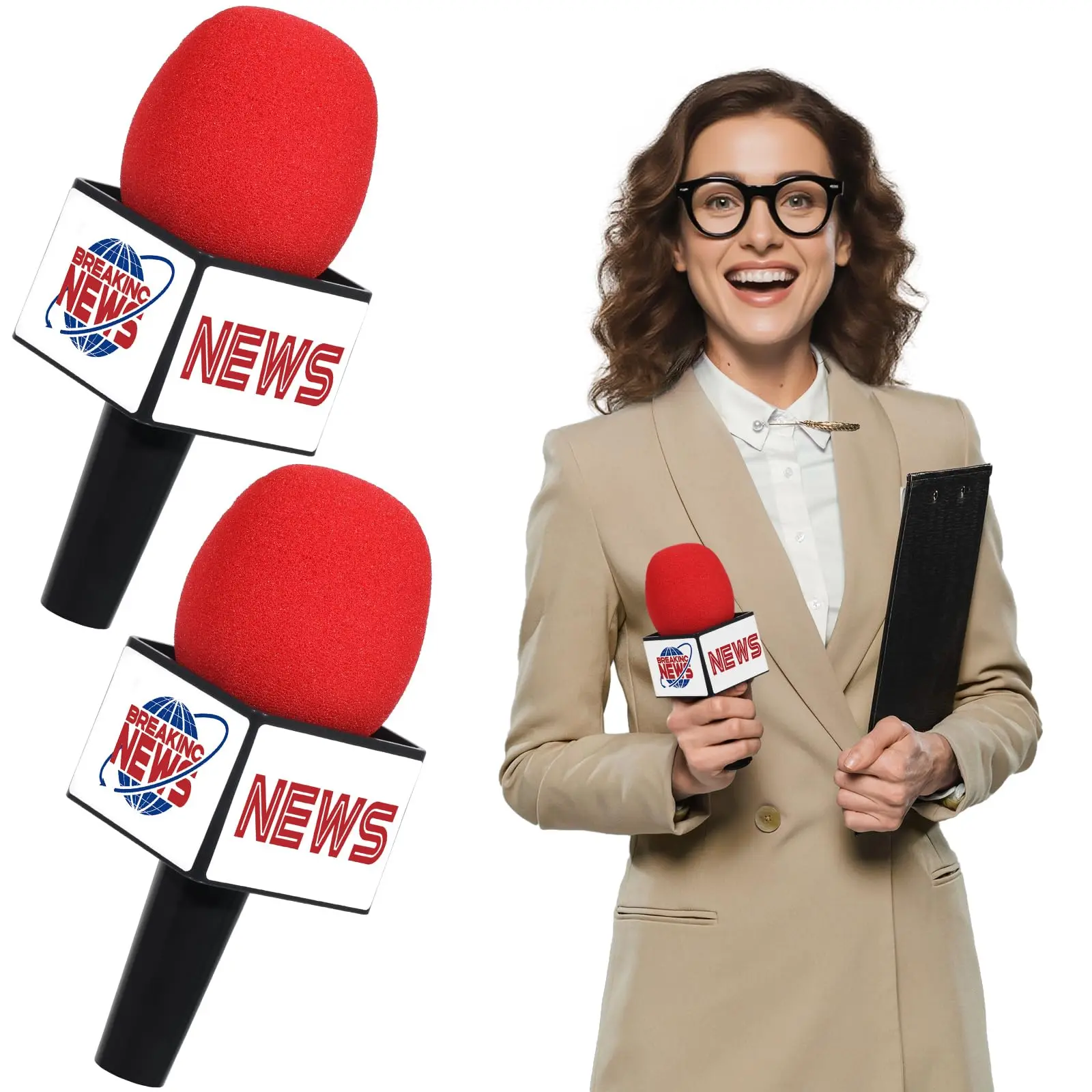 GISGFIM 2Pcs Lightweight Realistic Plastic Handheld News Reporter Microphone Props with Cover, 17cm (6.7in) Compact Fake Mics for Broadcasters, Cosplay Ready Journalist-Themed Birthday Parties, Immersive Reporter Cosplay Experience