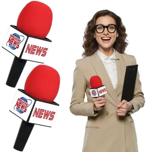 GISGFIM 2Pcs Realistic Plastic Handheld News Reporter Microphone Props with Cover, Compact 17cm/6.7in Fake Mic for Costume Cosplay, Birthday Party Favors & Pretend Play Games