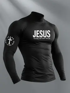 Men's Black "JESUS The Way The Truth The Life" Graphic Turtleneck Long Sleeve, Slim Fit Compression Top, Premium Stretch Fabric, Ideal for Gym, Workout & Casual Wear