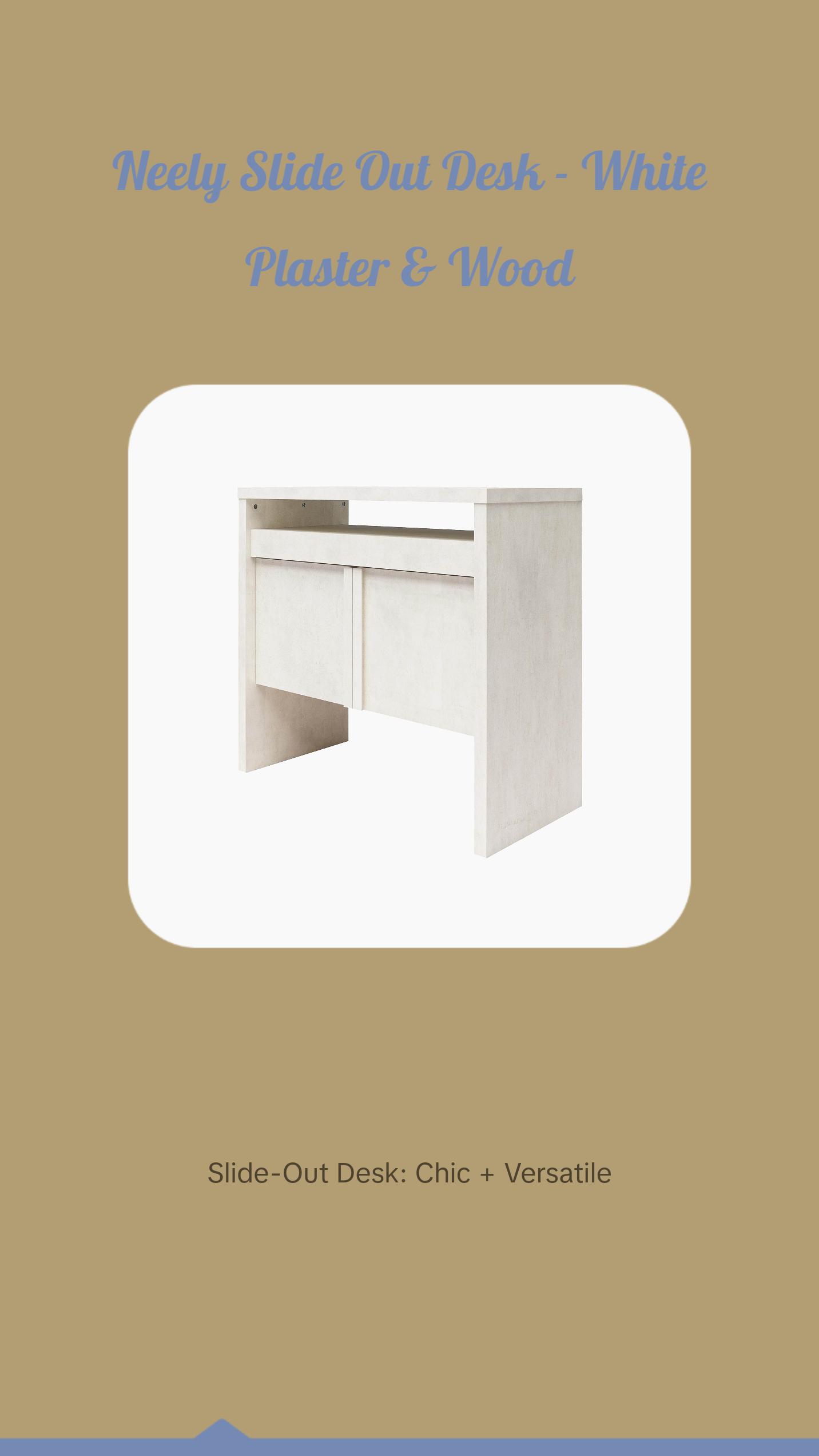Neely Slide Out Desk by Mr. Kate - Textured White Plaster and Natural Wood Tones - Multipurpose Slide-Out Desktop and Hidden Storage