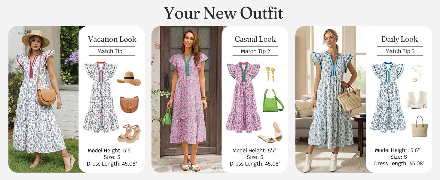 Wenrine Women's Summer Floral Midi Dresses Ruffle Cap Sleeve V Neck Flowy Boho Casual Beach Vacation Sundress