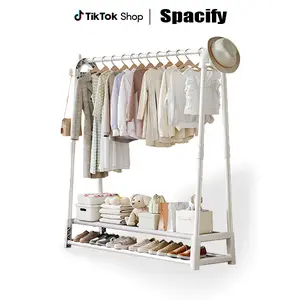 SPACIFY HOME U-Shape Single Rod Rolling Clothes Rack, Heavy Duty Metal Freestanding Garment Rack with Lockable Wheels & Storage Shelf, Portable Clothing Organizer for Bedroom, Entryway & Laundry Room