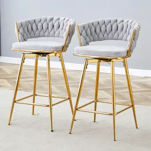 Modern Bar Stools Set of 2/4,360° Swivel Bar Stools,Cotton and linen soft seat, golden metal legs, For Kitchen Island, Counter Height Chair for Kitchen, Bar, Dining Room