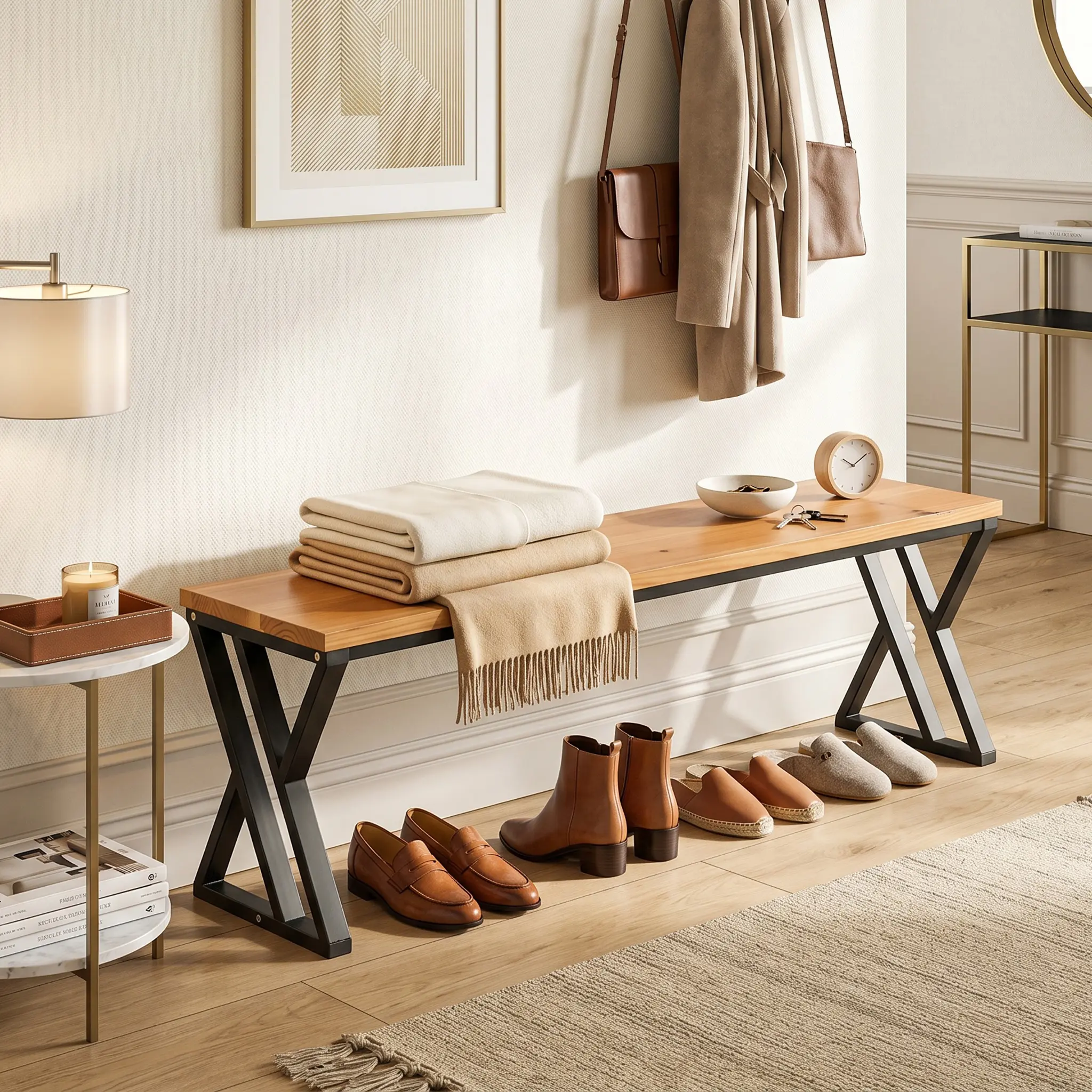 Spaco 55 in Entryway Bench - Light Natural Wood & Black Metal X-Leg Base, Multiple Seats, for Modern Foyer, Bedroom
