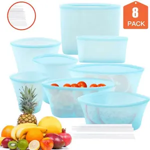 Reusable Silicone Food Storage Bags Set - BPA Free FDA Approved Leakproof 10Pcs (2Bags+3Cups+3Dishes) Heat Cold Resistant Dishwasher Safe for Kitchen Travel Picnic 4-32oz Multiple Sizes EcoFriendlyKitchen - Rectangular