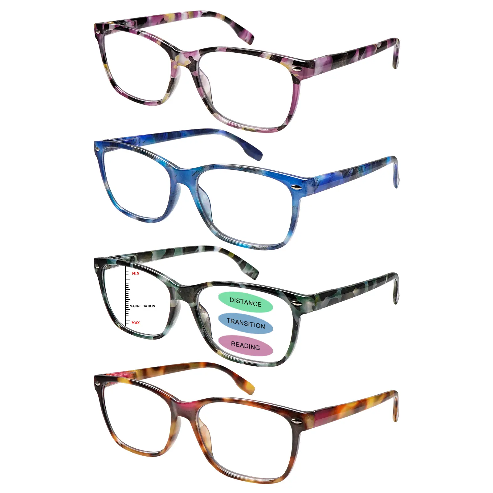 4-Pack Progressive Multifocal Reading Glasses, Blue Light Blocking for Computer Work, Stylish Square Frame with Spring Hinge, Mix Color Gift Set, Reading Eyeglasses, Square Frame Eyeglasses, Friends And Family, 3-Level Vision Adjustment, Stylish & Comfort