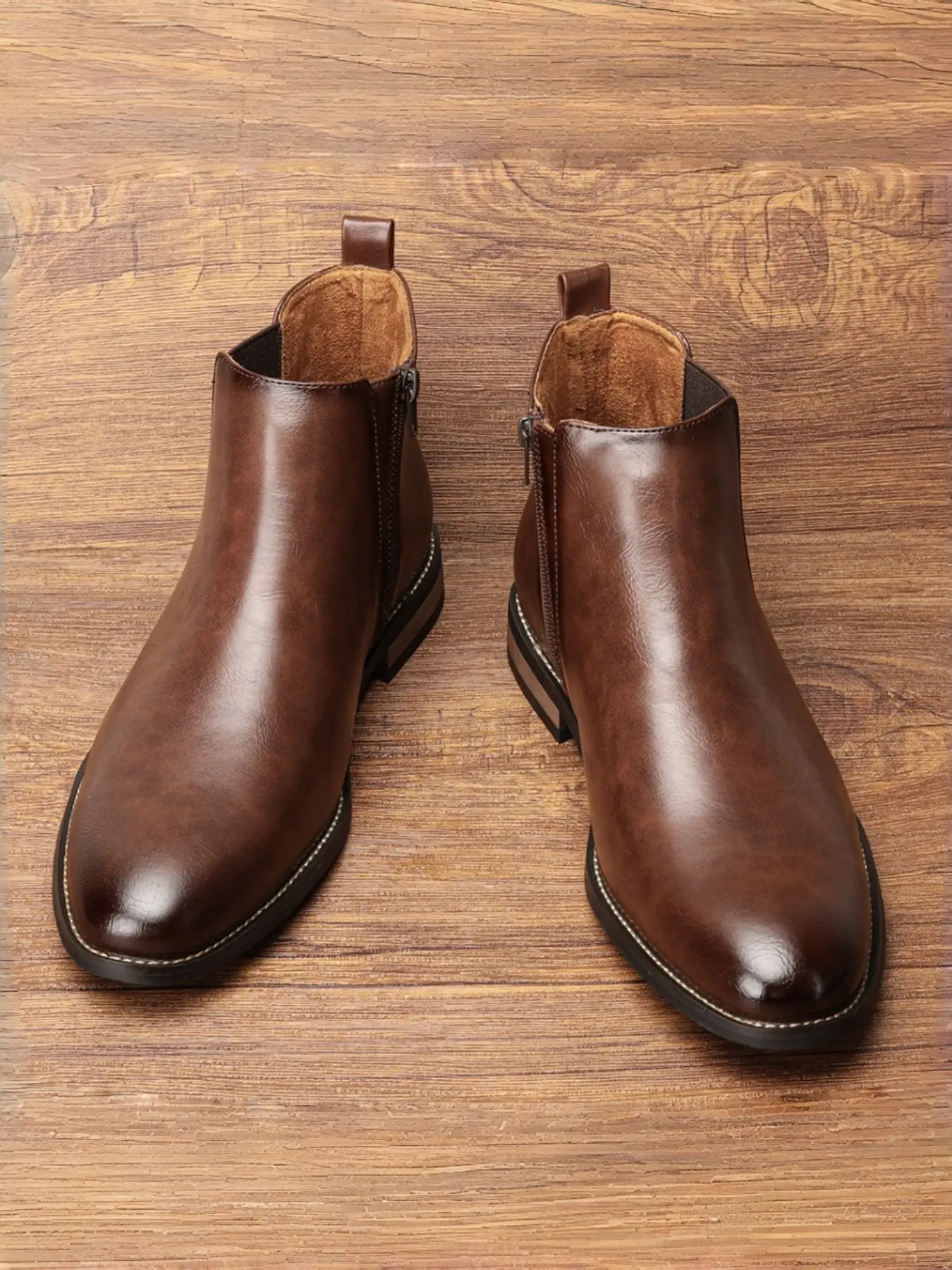 Chelsea Short Boots, Simple Fashion Style, Elastic Fabric, Metal Zipper, Thick Sole, Low Heel, All Seasons, Medium Width, PU Leather Upper, Rubber, Trendy Boots
