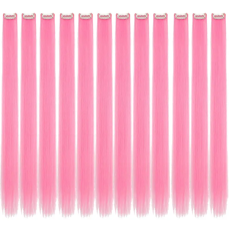 24" Pink Clip-in Hair Extensions - Synthetic Straight Colorful Hairpiece for Party, Cosplay & Kids Gift (12PCS Pack)