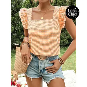 Summer Gingham Top: Orange Check Print, Square Neck, And Ruffle Short Sleeves