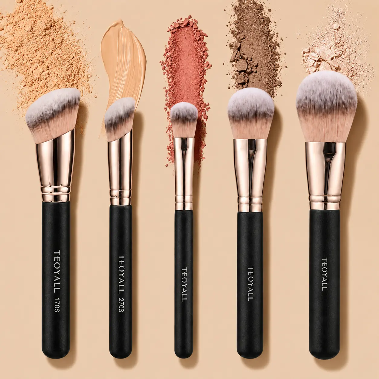 5 Pcs High-Density Makeup Brush Set for Full Face - Teoyall - Essential Only, No Redundant Brushes - Full Coverage for Foundation Concealer Bronzer Contour Blush & Setting Powder - Premium Yet Affordable Makeup Tools
