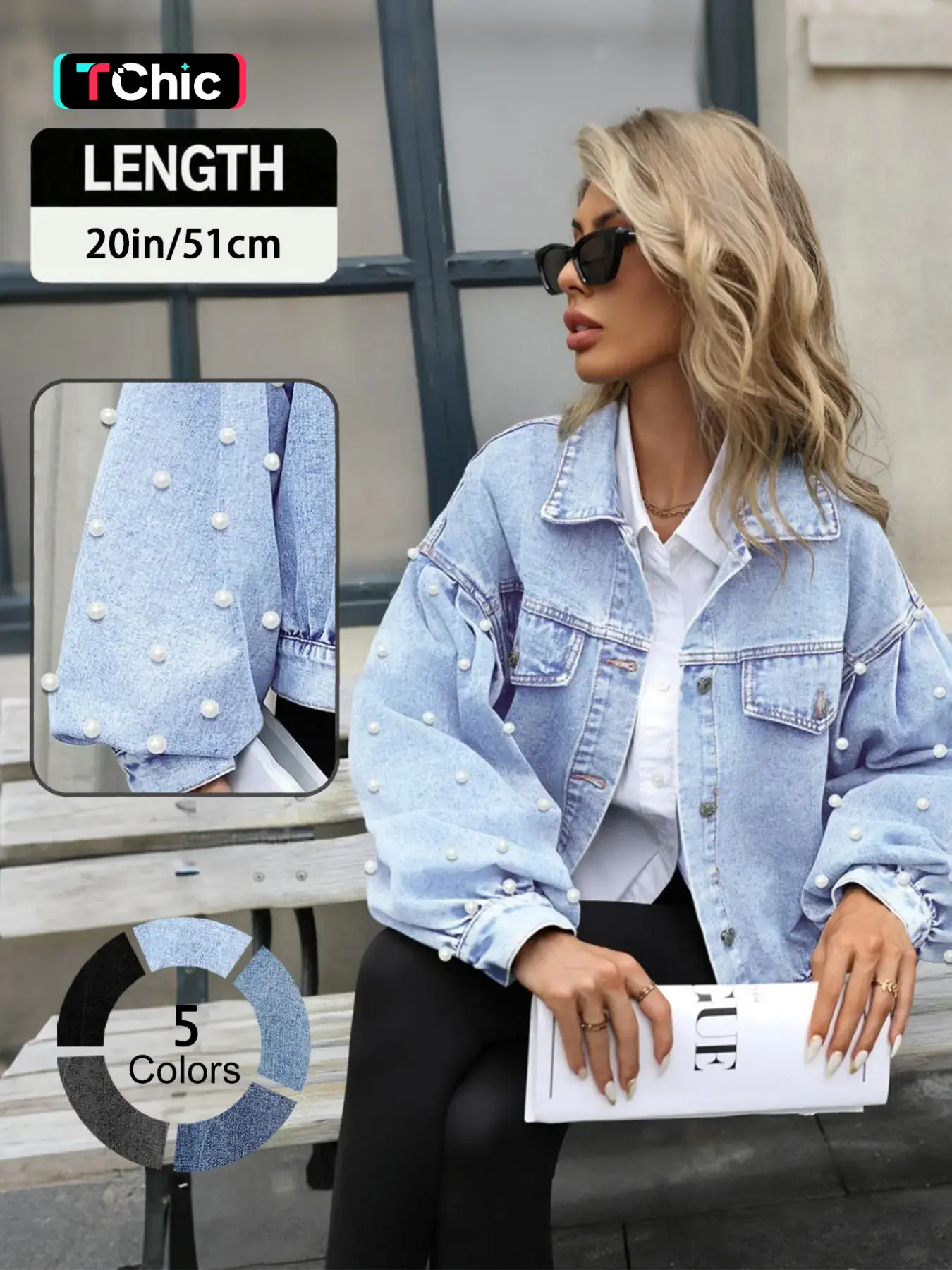 Women's Elegant Loose Fit Collared Light Wash Long Sleeve Denim Shacket Jacket, Coats, Embroidered Beaded Sleeves, Button Fly Closure, Casual Outerwear for Spring & Fall