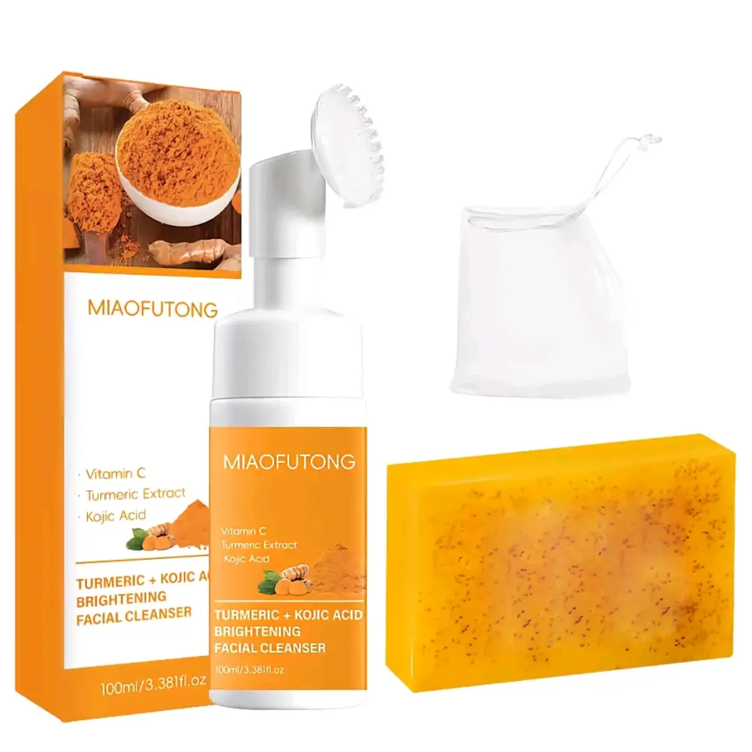 Turmeric Kojic Acid Brightening Foaming Facial Cleanser with Built-in Brush + Turmeric Lightening Soap