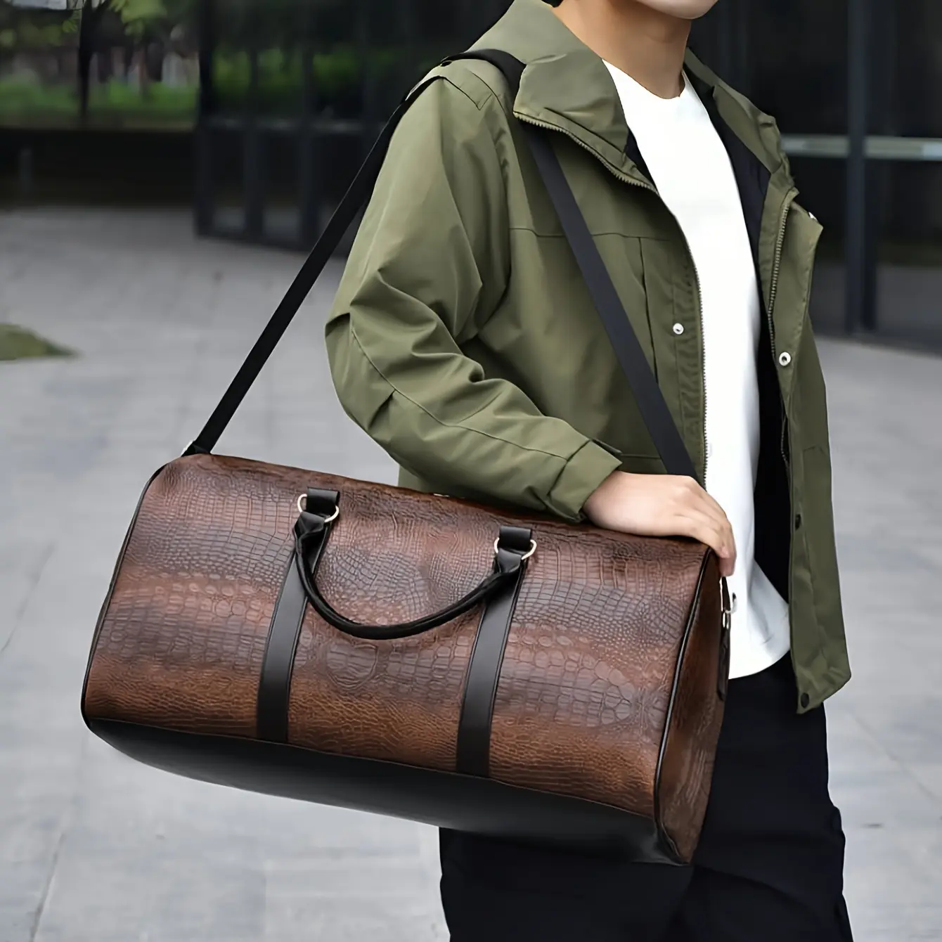 Unisex Vintage Croc-Embossed PU Leather 40L Travel Luggage Bag - Durable Weekender with Anti-Theft Pocket, Dust-Proof Gift Bag, Crossbody/Tote Design, Fits 3-5 Days Trips, Father's Day Pick, Cruise Must Haves, Everyday Carry Option, Travel Luggage Bags, D