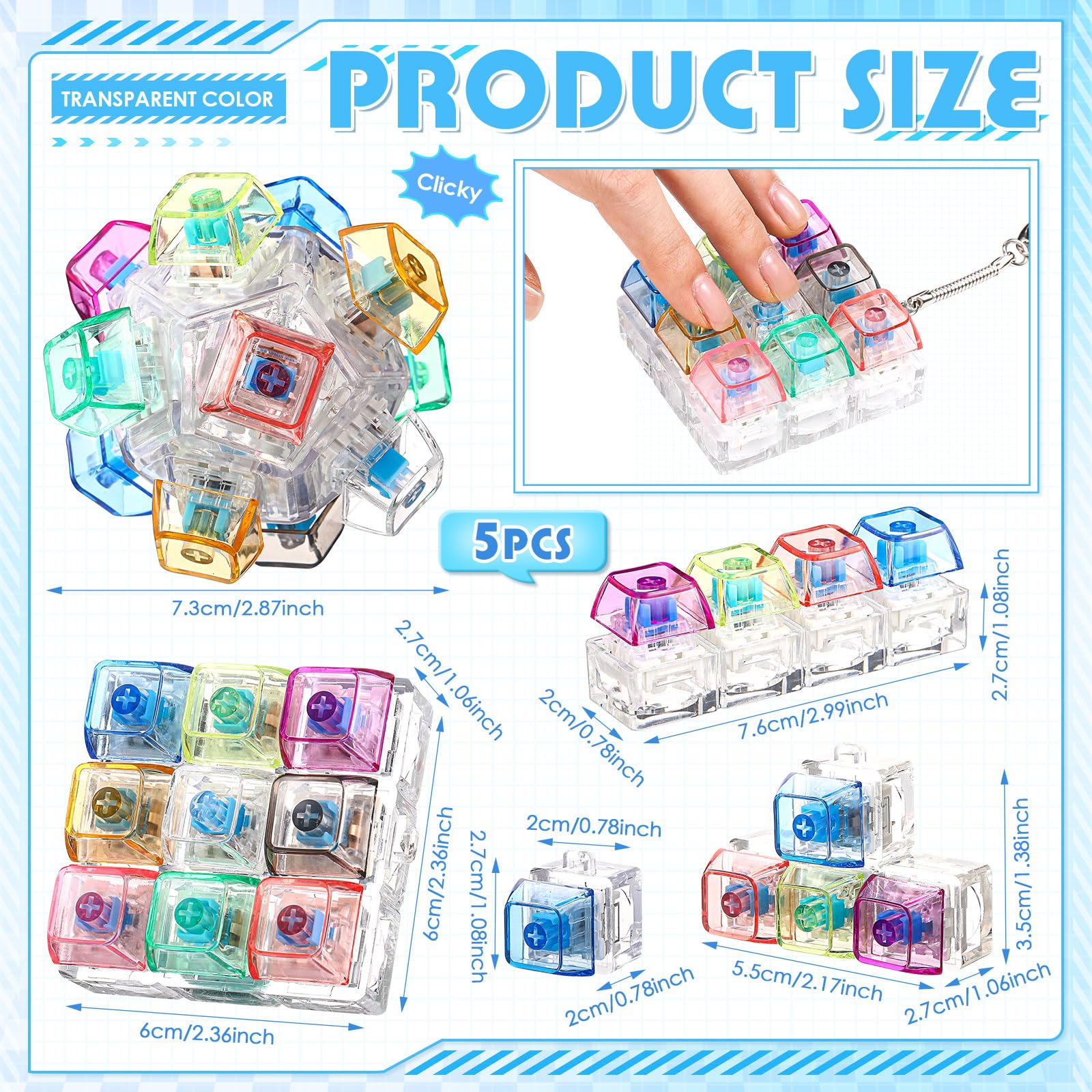 4/5 Pcs Keyboard Fidget, 4-In-1Decompression Button Keychain, Stress Relief Finger Clicker in 5 Styles, Valentines Galentines Gift for Office School Home to Pass The Time, Galentine Party Favor Valentine Basket Filler