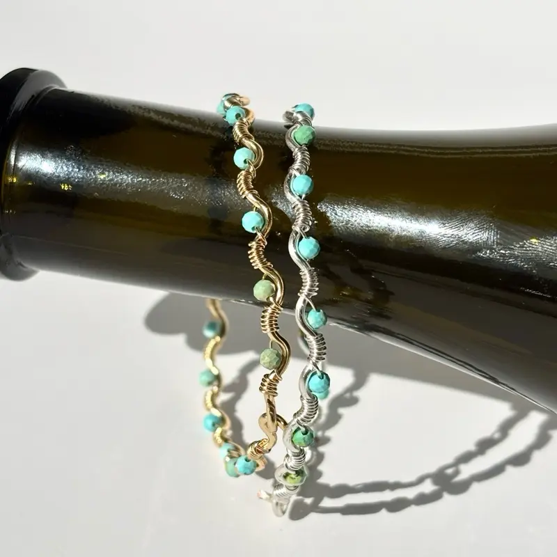 Unisex Authentic Hydrous Phosphate Turquoise Birthstone Bracelet - Handmade Protective Wire-Wrapped Classic Metal-Plated Gold Copper-Core Semiprecious Stone Jewelry for Everyday Wear