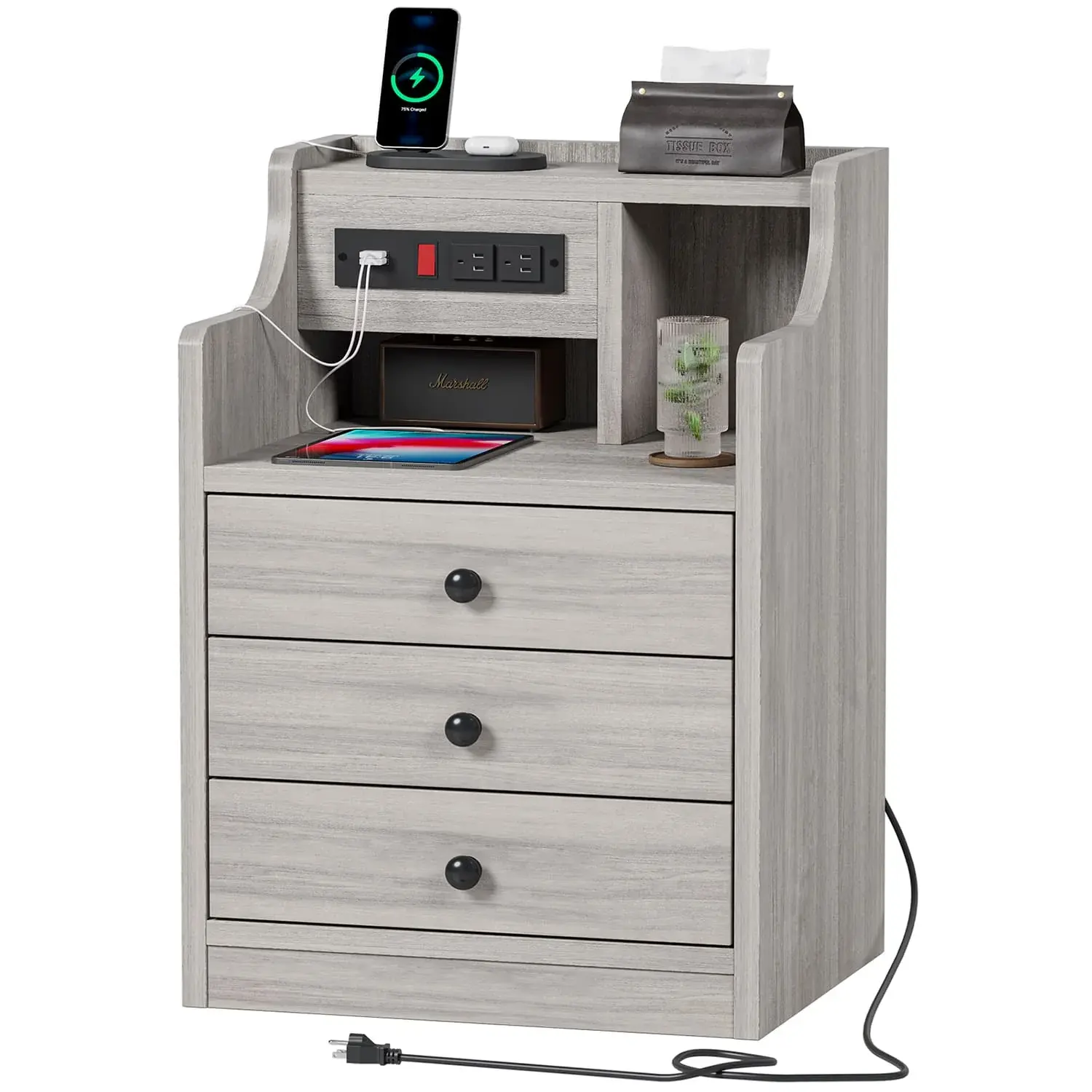 Sikaic 3-Drawer Nightstand with Charging Station - Grey Indoor Side Table, Minimalist Decluttering Bedroom Furniture for Small Spaces, Bedside Table with USB Ports, Room Decor for Clean Aesthetic Small Room Ideas