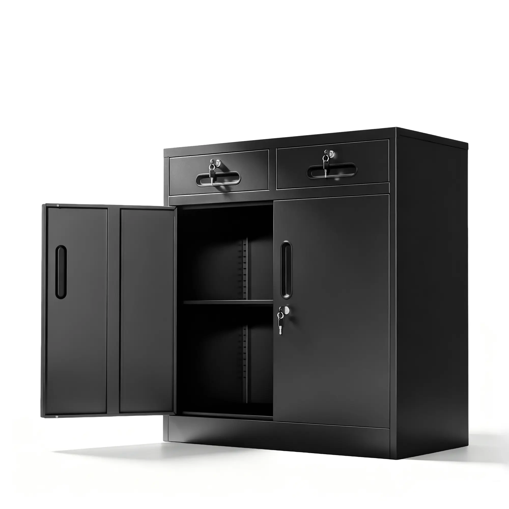 Black Lockable Steel Rectangular Tool Cabinet - Single Unit, 2 Drawers, Adjustable Shelf, Functional Garage/Workshop Storage Cupboard with Doors for Office Utility Use wood top