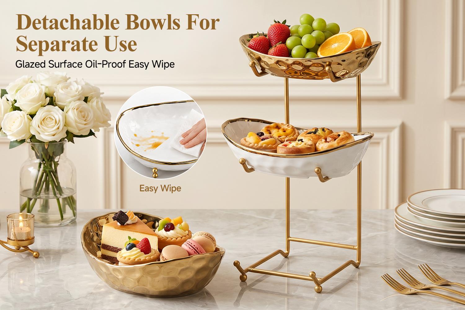 3-Tier Ceramic Fruit Bowl with Gold Metal Stand & 3 Gold Fruit Forks, Modern Kitchen Counter Fruit Basket & Countertop Organizer for Fruit, Snacks, Desserts, Bread & Vegetables