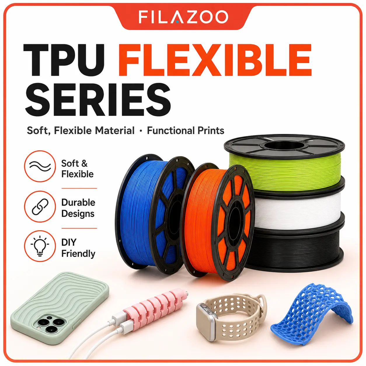 FILAZOO TPU Flexible 3D Printer Filament 1KG Spool, Soft and Elastic Printing Material for FDM Printers, Ideal for Custom Phone Cases, Cable Protectors, Watch Bands, Wearable Parts, Flexible Models and DIY Projects