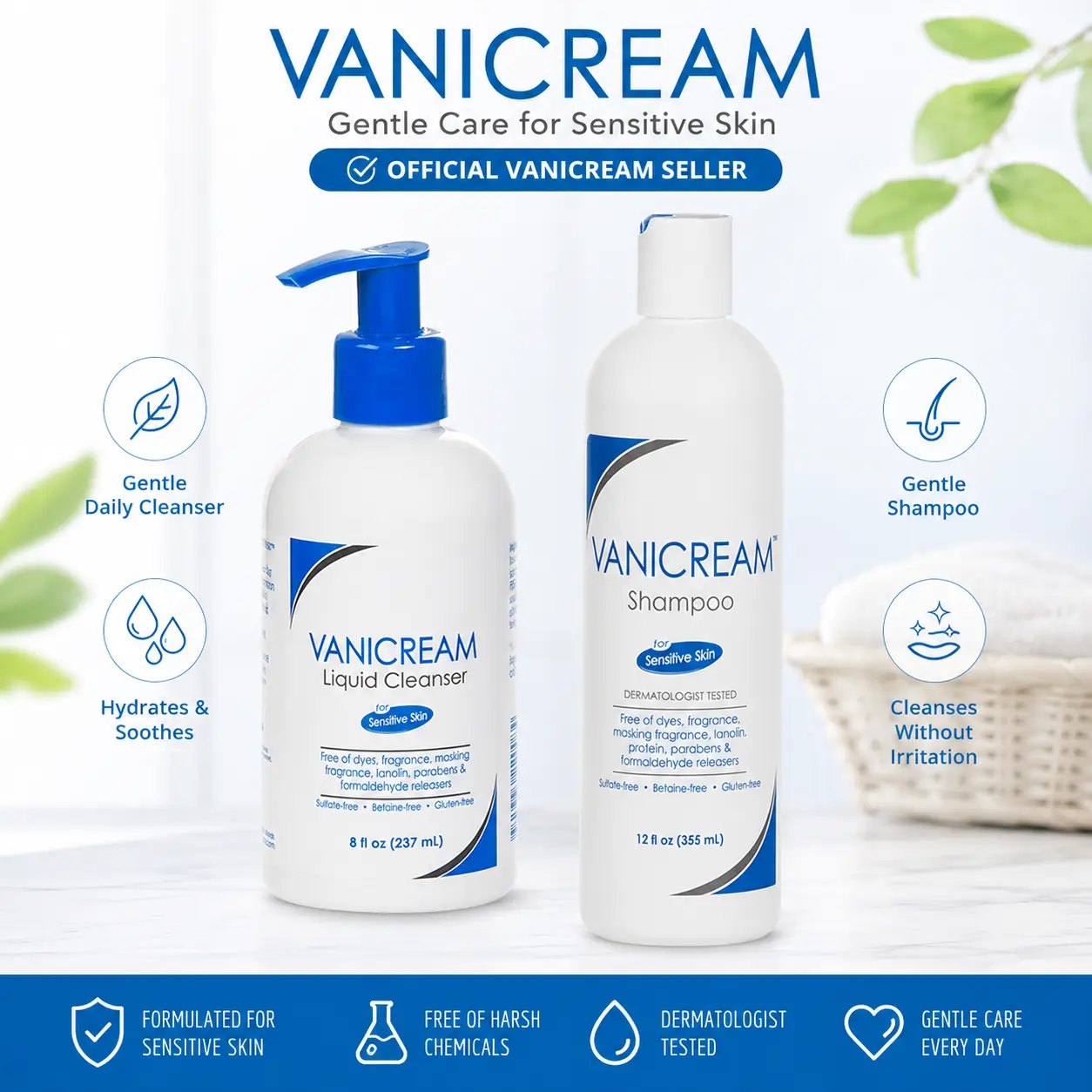 Vanicream Gentle Clean Bundle - Sensitive Skin Facial Cleanser, Face & Body Liquid Cleanser, Sensitive Scalp Shampoo (Face Care Products)