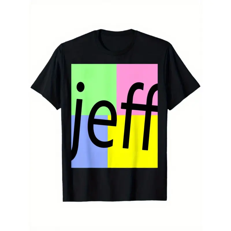Men'S & Women'S Black Jeff Graphic Crop Top T-Shirt - Multicolor Block Letter Print (Pink, Yellow, Green, Blue, Purple) - Lightweight Stretch Round Neck Short Sleeve Casual Streetwear Tee for Spring & Summer - Unisex Statement Outfit Essential with