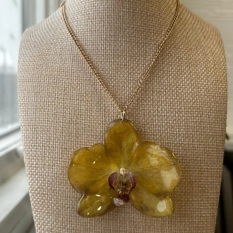 Yellow Orchid Pendant with Purple Accents on Gold Chain Necklace for Women