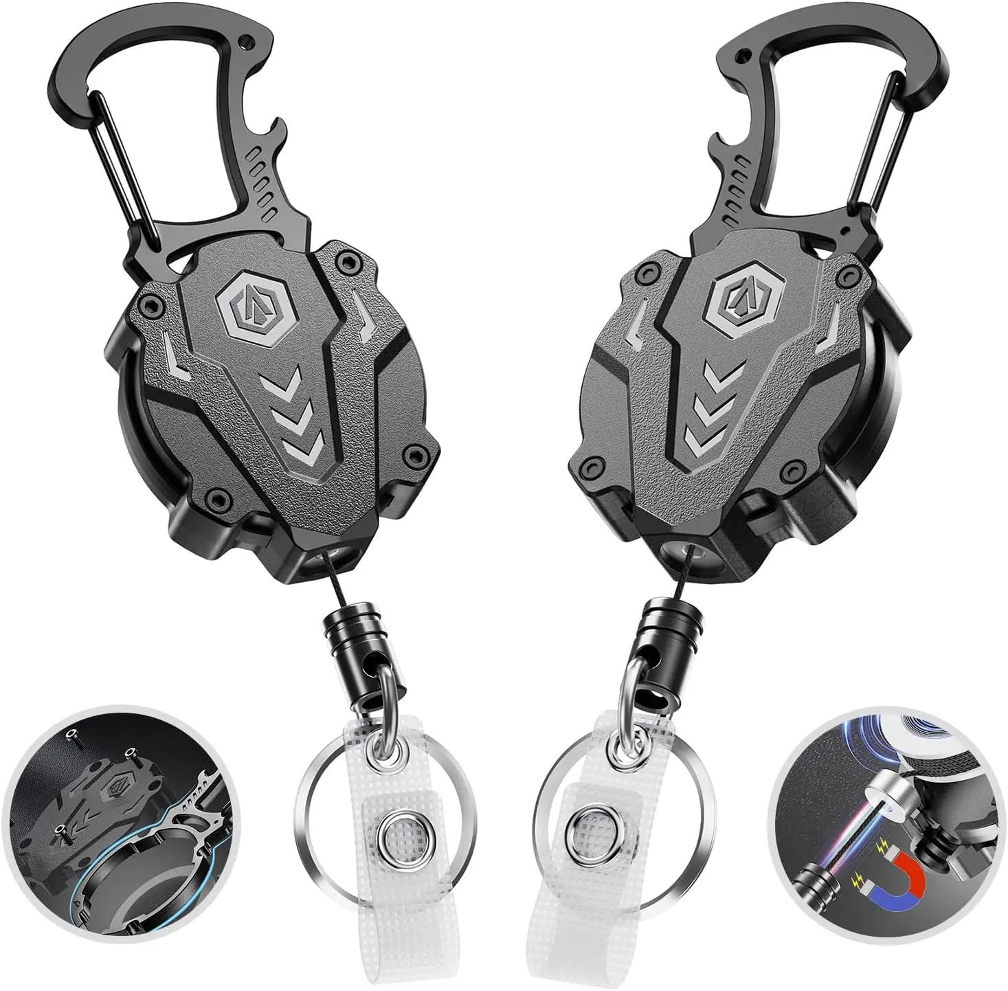 2Pack Heavy Duty Retractable Keychain, Tactical ID Badge Holder Reel Carabiner Clip with Magnetic Closure for Men, Unbreakable Sandwich Construction with 31" Cord, Bearing 25oz