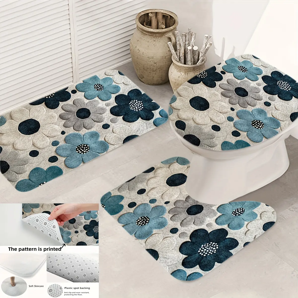 2D Flat, 3pcs Vintage Style Sunflower Pattern Bathroom Mat Set with Flat Print, Includes Toilet Lid Cover and U-Shaped Toilet Mat, Made of Flannel with Soft Surface, Decorative Bathroom Floor Mat, 2D Flat