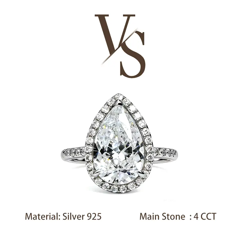 [Venus Jewelry] Lab Created Gemstone 4 CCT Pear Shape Halo Design Solid Silver 925 Solitare Ring