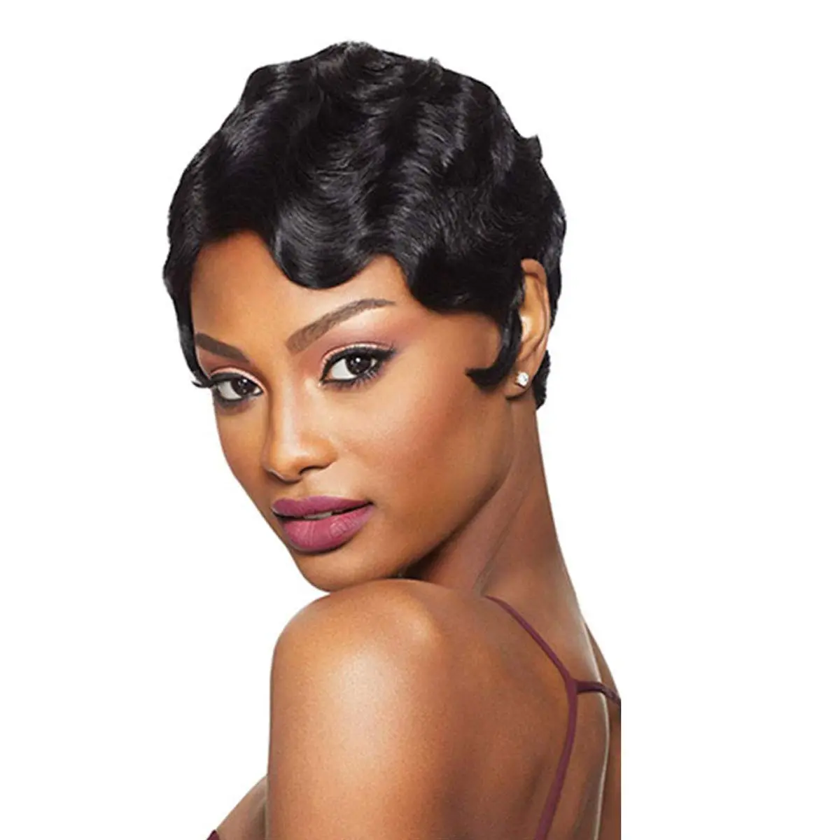 Black Finger Wave Human Hair Wig 6 Inch Short Pixie Cut Wigs Brazilian Virgin Human Hair Wigs Finger Ocean Wave Wig Mommy Hair for Women
